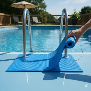 Diagram illustrating the easy installation of the pool ladder mat in an above-ground pool under the entry steps.