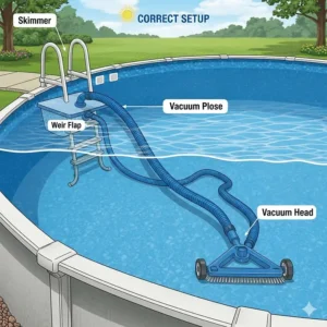 An illustration showing the correct setup of an above-ground pool vacuum system, from the skimmer to the cleaner head.