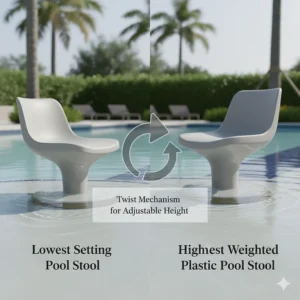 Adjustable height pool stools with a unique twist mechanism to comfortably fit various water depths and pool users.