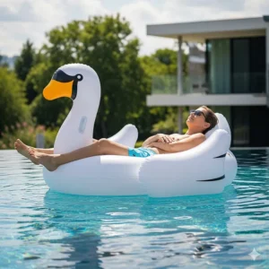 An adult relaxes on a large inflatable ride-on lounger pool toy, shaped like a swan, enjoying the sun in a resort pool.