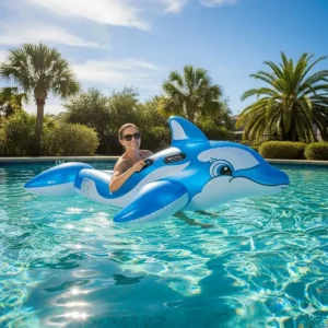An adult is enjoying a sunny day while riding on a durable inflatable dolphin pool float.