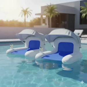 Two large, adult-size pool chairs that float next to each other in a clean, blue swimming pool.