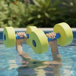 Close-up of yellow foam water dumbbells used for strength training in a pool.