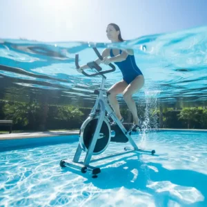 A person using a stationary aquatic exercise bike submerged in a swimming pool for a low-impact workout.