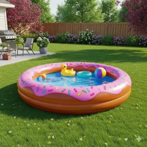 A large donut inflatable pool set up on a grassy lawn in a suburban backyard, ready for a fun day of swimming and relaxation.