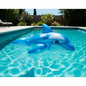 An inflatable dolphin pool float is drifting in a clean, sunlit backyard swimming pool.