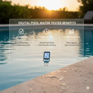 An infographic illustrating the benefits of using a digital pool water tester, such as accuracy, ease of use, and quick results.