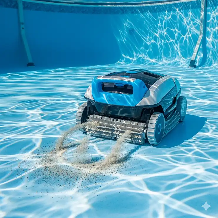 A close-up shot of a robotic pool cleaner efficiently vacuuming the bottom of a sparkling blue above ground pool. best above ground pool cleaners