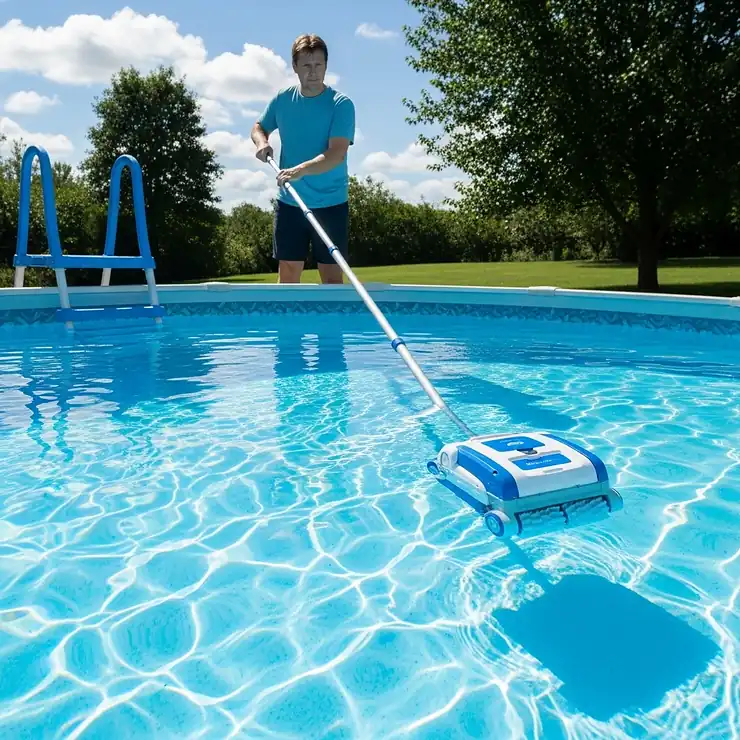 A person using a lightweight, automatic robotic vacuum to clean the bottom of a sparkling blue above-ground pool on a sunny day. best pool vacuum for above ground pool