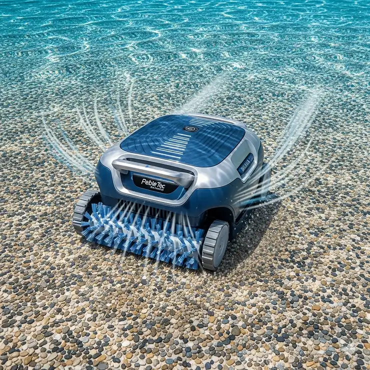 A powerful robotic pool vacuum specifically designed for cleaning a Pebble Tec pool surface, shown in action. best pool vacuum for pebble tec