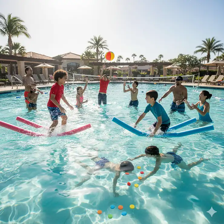 A vibrant group of friends and family enjoying various fun swimming pool games in a sunny outdoor pool, illustrating the joy of water play.