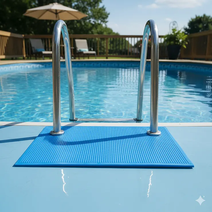 Blue non-slip pool ladder mat protecting vinyl liner in an above-ground swimming pool.