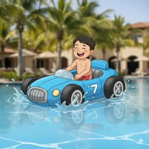 A child happily sitting inside a large, blue inflatable race car pool float, splashing water.