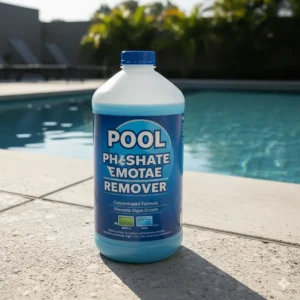 A close-up shot of a bottle of concentrated pool phosphate remover chemical solution. The label clearly lists its purpose and instructions.