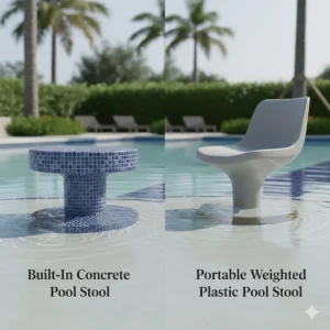 Comparison of built-in, permanent concrete pool stools and versatile, portable weighted plastic pool stools for different pool styles.