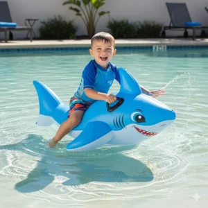 A young child giggling while riding on a large inflatable ride-on shark pool toy in the shallow end of a swimming pool.