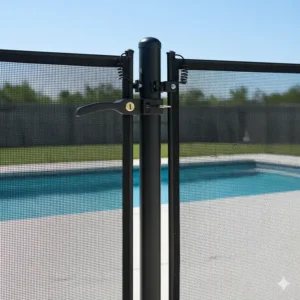 Close-up of a self-closing, self-latching gate on a mesh pool fence, designed to be childproof for maximum security.