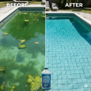 A side-by-side comparison of a cloudy pool and a crystal-clear pool, showing the dramatic effect of using a pool phosphate remover product.