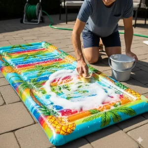 A person cleaning an inflatable pool mat with a soft brush, demonstrating how to maintain the mat for long-lasting use.