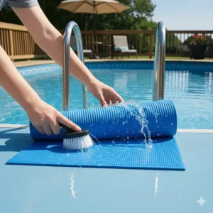 Simple image of the user easily removing and cleaning the pool ladder pad for maintenance and algae prevention.
