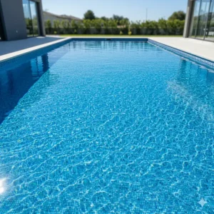 An aerial view of a crystal-clear, clean swimming pool, demonstrating the impressive results of using flocculant.