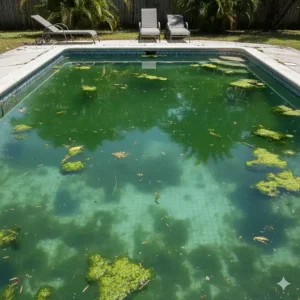 A cloudy, green swimming pool with visible algae growth, showing the need for a treatment like a pool phosphate remover.