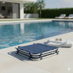Compact, foldable floating pool chair stored next to a pool, highlighting its portability and small size.