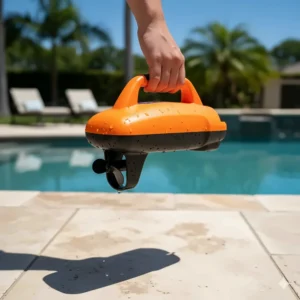 A view of a small, lightweight pool scooter being carried by hand, emphasizing its compact size and portability for travel.