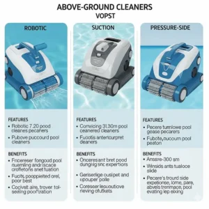 A visual comparison chart showing the features and benefits of different above ground pool cleaners: robotic, suction, and pressure-side.