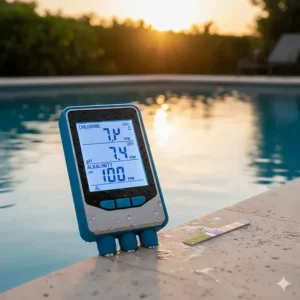 A side-by-side comparison of a traditional paper test strip and a digital pool water tester, highlighting the precision of the digital device.