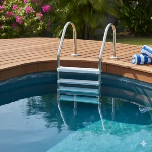 An illustration depicting a space-saving corner pool ladder, ideal for maximizing swim space while providing a convenient and sturdy entry point from the deck.