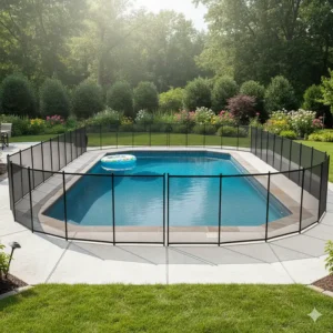 An example of a **removable pool fence** customized to fit the unique, freeform shape of an existing swimming pool.