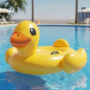 A cute duck pool float with a smiling face, ideal for adding a playful touch to any pool party or vacation.