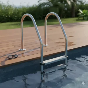 An illustration of a durable, corrosion-resistant pool deck ladder with wide steps, designed for secure and stable entry into the pool from an elevated deck.