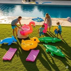 A shot of deflated inflatable ride-on pool toys being packed away after a day of summer fun.