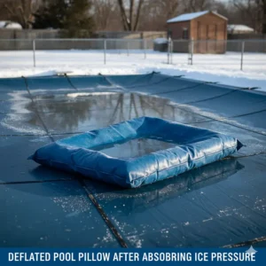 Image of a partially deflated vinyl pool pillow showing how it compresses to absorb pressure from frozen water and ice accumulation.