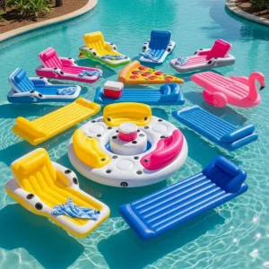 An assortment of various inflatable pool mats, including floating lounge chairs, rafts, and multi-person islands, shown side-by-side.