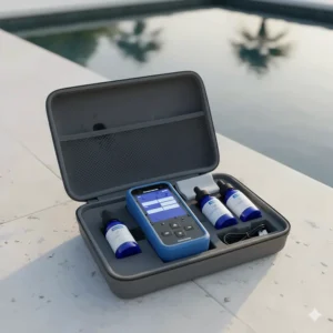A complete digital pool water testing kit, including the main device, calibration solutions, and a carrying case.