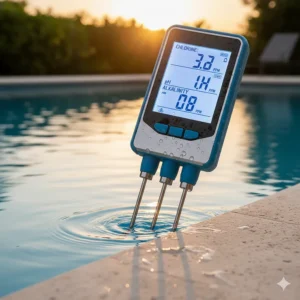 Close-up of the probes and sensors on a digital pool water tester, designed for accurate chemical analysis.