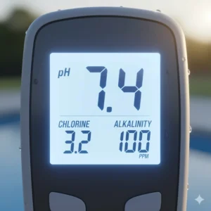 A clear image showing the digital display of a pool water tester, with bright numbers indicating pH and chlorine levels.