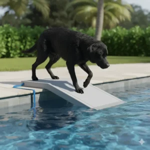 An illustration of a black Labrador retriever using a new doggie ramp to safely climb out of a swimming pool, showing the product in action.