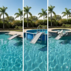 An illustration demonstrating a versatile doggie ramp attaching to various pool edges, including in-ground, above-ground, and spas.