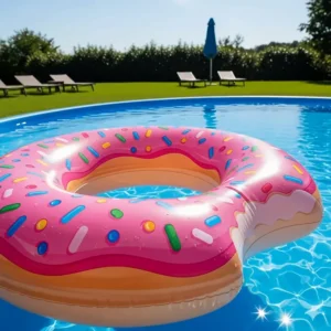 Side view of a large, pink donut inflatable pool showing the playful "bite" shape taken out of its side, a unique detail that makes it stand out.