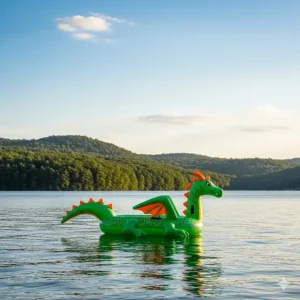 A striking inflatable dragon pool float seen from a distance, floating on a serene lake with a scenic backdrop of trees.