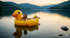 A duck pool float being enjoyed at a calm lake, showing its versatility for various water environments.