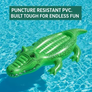 The heavy-duty PVC material of the inflatable alligator pool float with a caption emphasizing its puncture resistance.