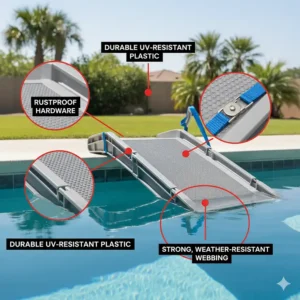 An illustration showcasing the weather-resistant and durable materials used to construct a high-quality doggie ramp for a swimming pool.