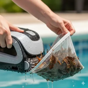 A close-up of a person emptying the debris bag of a robotic pool cleaner, highlighting the ease of maintenance.