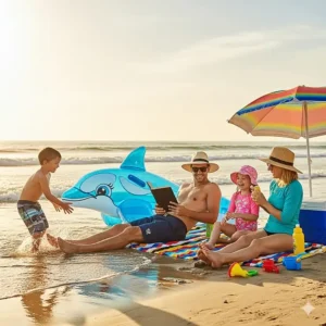 A family is relaxing on a sandy beach next to a large inflatable dolphin float.