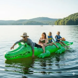 A family relaxing on a giant inflatable alligator pool float, enjoying a day at the lake together.